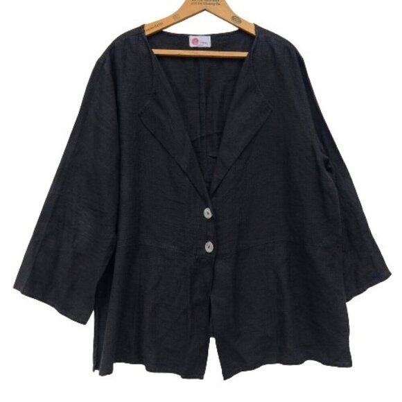 Linnea Women's Black Linen Blend Top Size XL Lagenlook Button Front Collared - Picture 1 of 8
